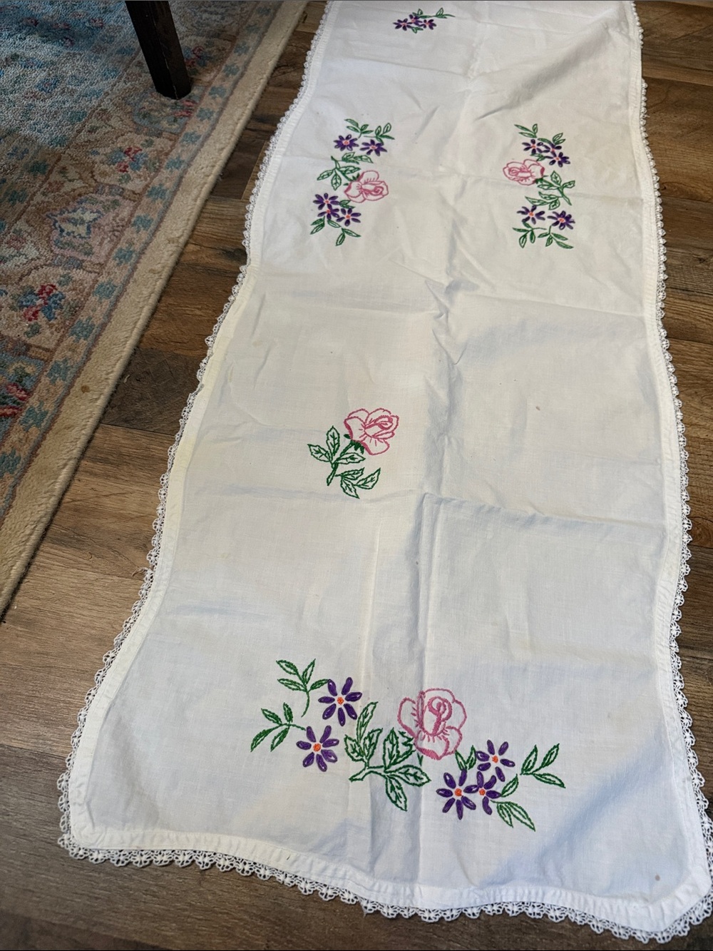Vintage White Table Runner with Pink & Purple Floral Embroidery